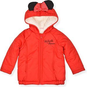 Disney Girl's Minnie Mouse Print Hooded Puffer Jacket with Ears and Bow - 2T